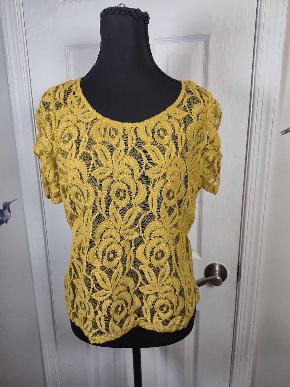 INC International Concepts Mustard Yellow Floral Lace Short Sleeve Blouse XL - Picture 4 of 5